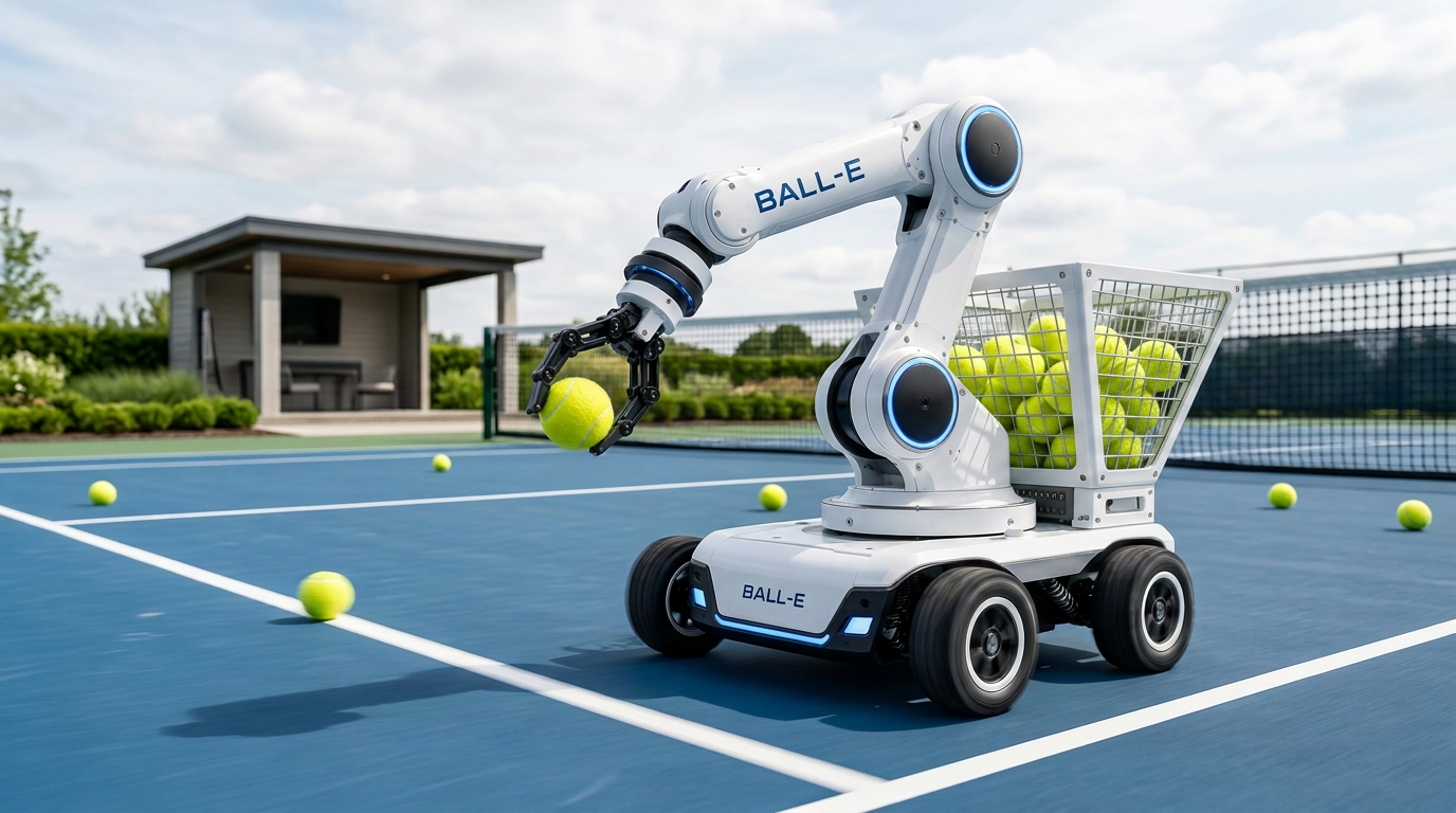 White robotic arm with blue LED lighting in a clean laboratory